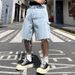 Vibe Brand 5 Point Denim Shorts For Men Loose Fitting Light Blue Cargo Style Cool And Trendy Summer Available_mkmklike.com