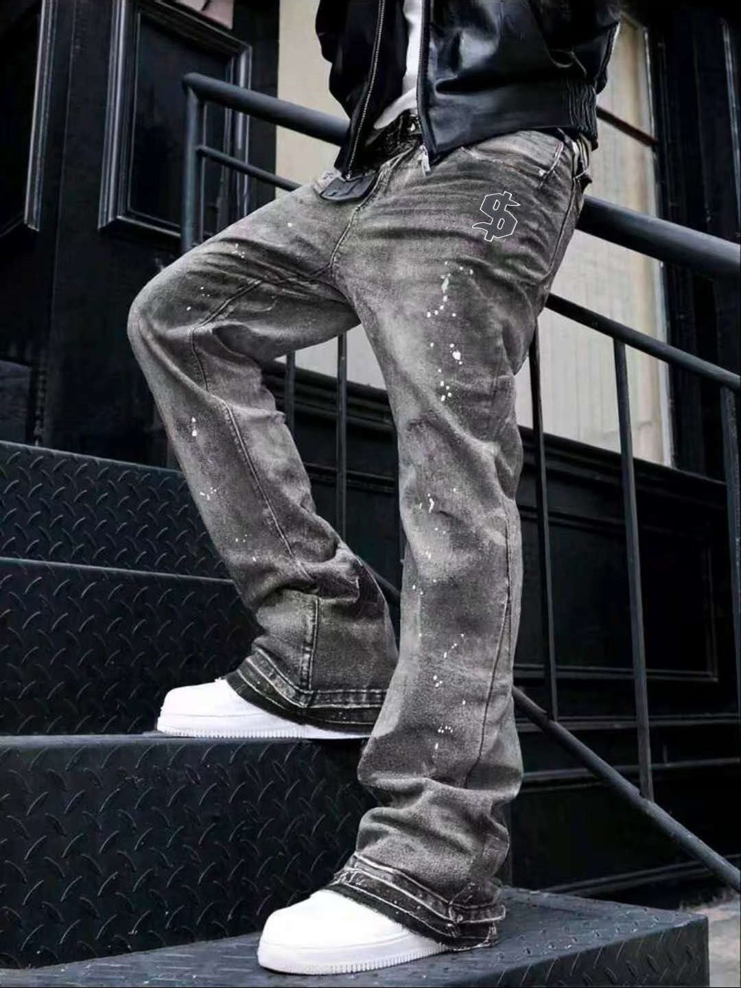 Men's Heavyweight Washed Denim Jeans - 100% Cotton Dollar Embroidery & Splatter Paint Slim Flare Jeans AAA_mkmklike.com