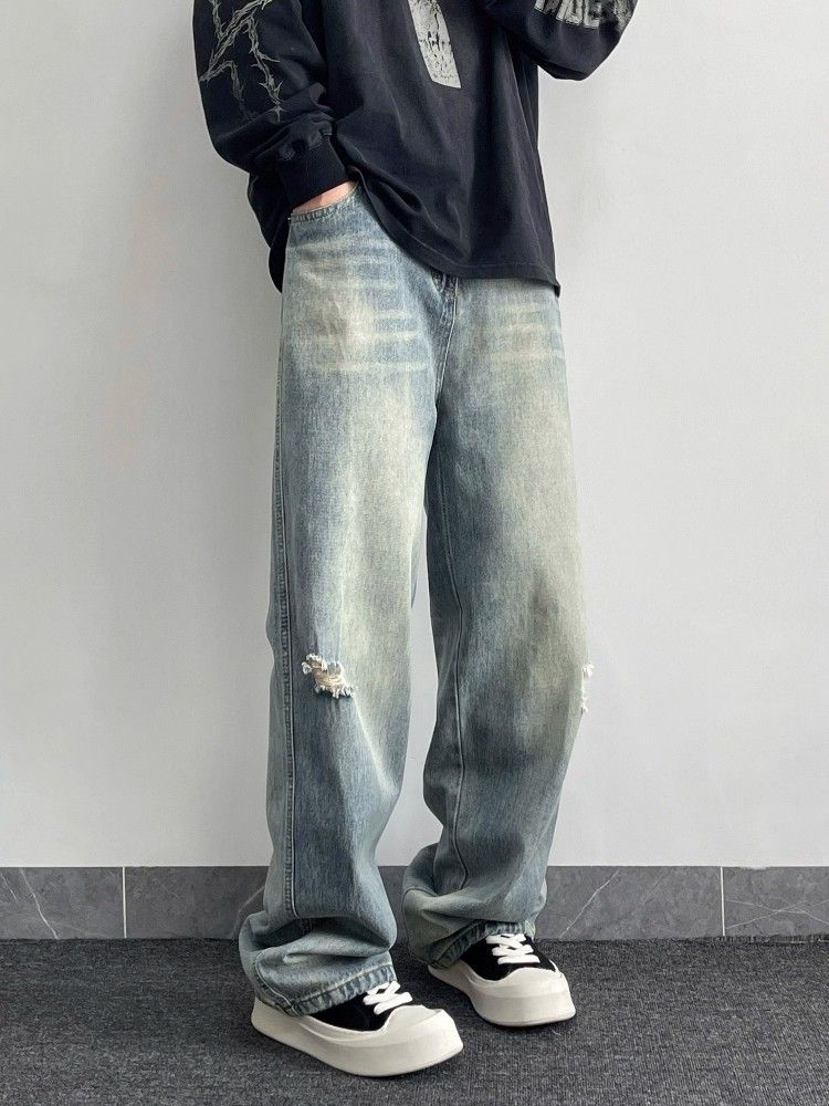 Men's Vintage Washed Distressed Jeans – Relaxed Straight Fit | Cotton Blend | S-3XL | American Retro Style |_mkmklike.com