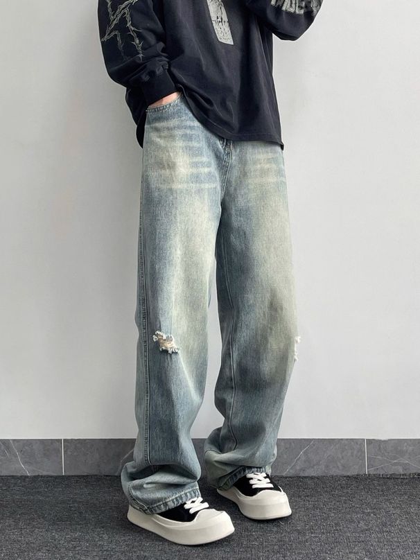 Men's Vintage Washed Distressed Jeans – Relaxed Straight Fit | Cotton Blend | S-3XL | American Retro Style |_mkmklike.com