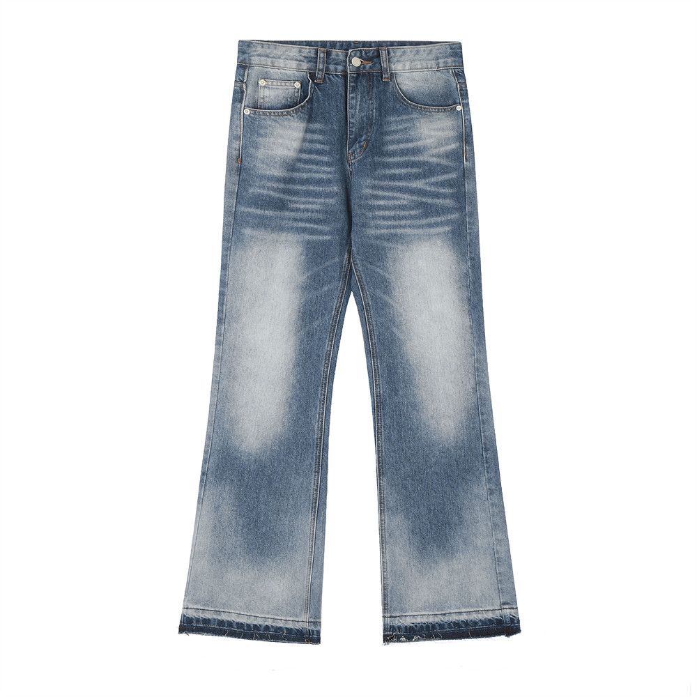 American Style Washed Faded Flared Jeans Men's Street Fashion Loose Gradient Frayed Wide-Leg Pants Long Trousers_mkmklike.com