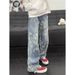 Men's Jacquard Washed Denim Jeans - Retro Cleanfit Style, Loose Fit Slightly Flared Leg_mkmklike.com