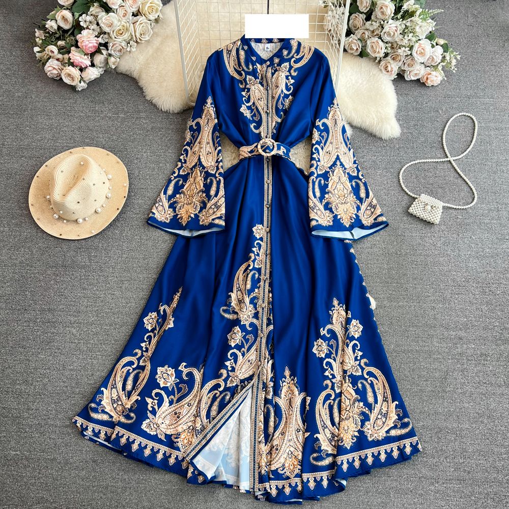 Women's clothing palace style temperament trumpet long sleeve lapel waist single breasted a-line positioning print dress dress for women_mkmklike.com