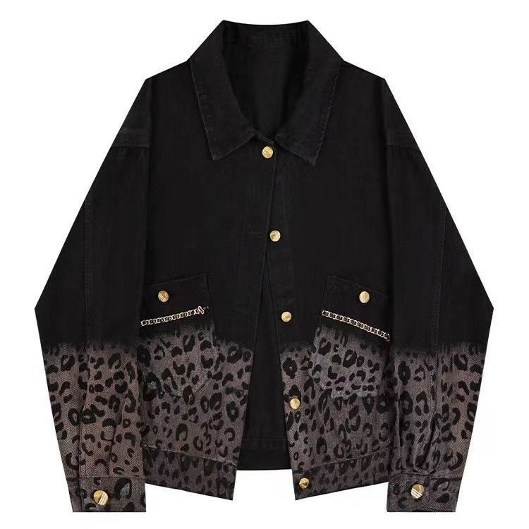 Women's Clothing Gradient Leopard Print Denim Jacket Fashion Gradient Leopard Print Denim Jacket For Women - Slim Fit Casual Short Coat (Black/Blue)_mkmklike.com