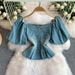 Women's Clothing Elegant Two-Piece Denim Set - Square Neckline With Puff Sleeves & High-Waisted Ombre Skirt (Light Blue, S/M/L/XL)_mkmklike.com