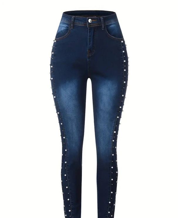 Women's Skinny Jeans Pearl Embellished Style Sexy Tight Fitting Hip Lifting Denim Trousers_mkmklike.com