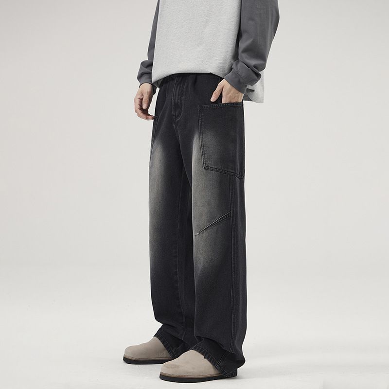 Men's Loose Straight Leg Jeans American Style Multi Pocket Trendy Retro Cleanfit Trousers_mkmklike.com
