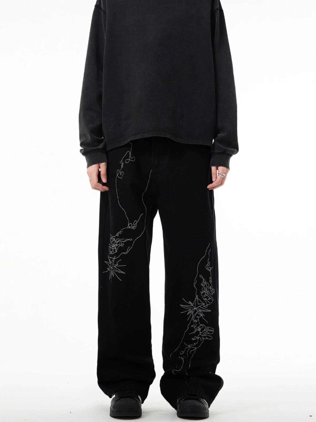 Men’s Vintage Hand-Painted Gradient Embroidered Jeans – Loose Straight Fit For Urban Streetwear (S-3XL, Black, Cotton Blend, Retro Artistic Denim)_mkmklike.com