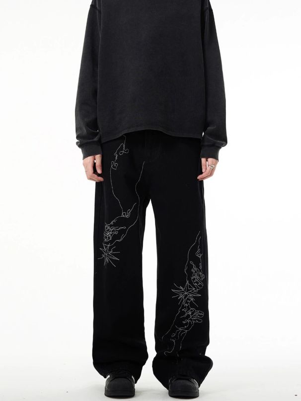 Men’s Vintage Hand-Painted Gradient Embroidered Jeans – Loose Straight Fit For Urban Streetwear (S-3XL, Black, Cotton Blend, Retro Artistic Denim)_mkmklike.com