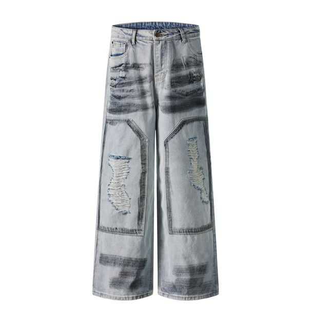 Men's Clothing Jeans Hand Painted Graffiti Dirty Jeans Men And Women Wide Leg Loose Washed Trousers_mkmklike.com