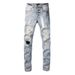 Unisex Y2K Flared Jeans, Light Blue Mud Fade, Black & White Splatter, One Ripped Knee, Breathable Summer_mkmklike.com
