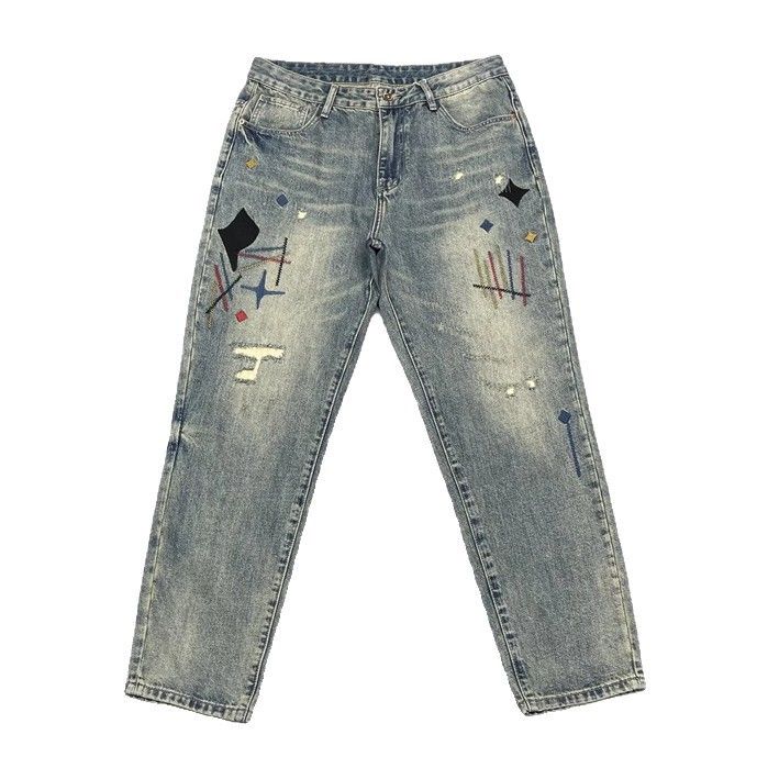 Men's Heavyweight Washed Distressed Denim Jeans Casual Tapered Straight Leg mid Waist Cotton Zipper Fly with Patches Embroidered Prints_mkmklike.com