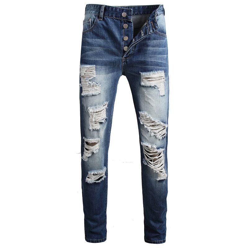Men's Clothing Nostalgic Blue Jeans Straight Leg Mid-Waist Skinny Pants With Buttons Ripped Design For Street Style_mkmklike.com