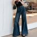 Hong Kong Style Retro Dark Blue Draped Flared Jeans For Women, Spring And Autumn, Petite Loose Wide-Leg Pants,_mkmklike.com