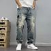 Men's Heavyweight Washed Distressed Denim Jeans Casual Tapered Straight Leg mid Waist Cotton Zipper Fly with Patches Embroidered Prints_mkmklike.com