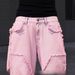 Men's High Waist Wide Leg Pink Jeans American Trendy Hip Hop Frayed Patchwork Denim For Autumn_mkmklike.com