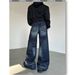 Slub Texture Curved Hem Denim Jeans Unisex Straight Leg Vintage Washed Distressed Casual Pants Unisex Straight Leg Cut_mkmklike.com
