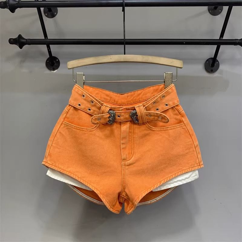 Summer New Style Orange Denim Shorts for Women High Waisted Versatile out of Pocket a Line Hot Pants_mkmklike.com