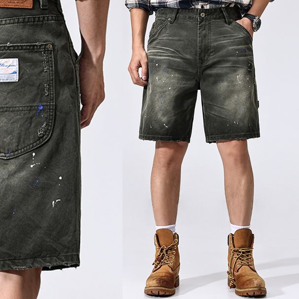 "Men's Vintage Washed Denim Shorts - Mid-Length Relaxed Fit Casual Summer Shorts In Dark Green_mkmklike.com
