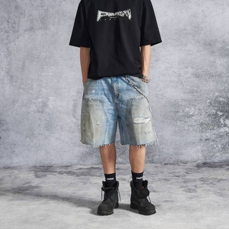 Men's Vintage Washed Denim Shorts - 5-Inch Inseam Dirty Finish Distressed Casual Cargo Shorts For Men, Retro Streetwear_mkmklike.com