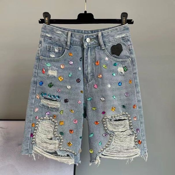 Men's Clothing Colorful Diamond Studded Ripped Denim Shorts Summer New High Waist Loose Breeches For Women_mkmklike.com