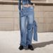 Women's High Waist Patch Pocket Jeans With Bow Tie Detail - Street Style Wide Leg Pants In Solid Blue_mkmklike.com