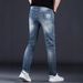 Men's Slim Fit Stretchy Ripped Denim Jeans Blue Distressed Trousers Simple Style_mkmklike.com