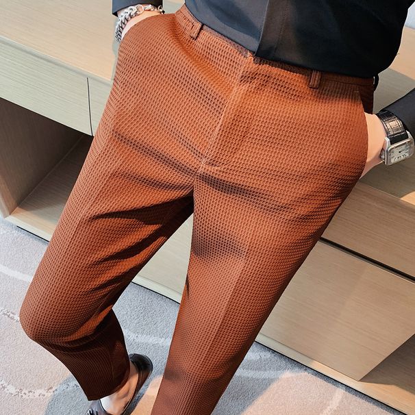 Men's Clothing Waffle Casual Trousers Men's Business Formal Suit Trousers Slim Fit Small Feet Free Ironing Elastic Waist Suit Trousers_mkmklike.com