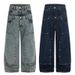 Vintage Patchwork Logging Jeans – Double Waistband, Studded Details & Wide-Leg Fit (Dark Blue, Light Blue, S-XL)_mkmklike.com
