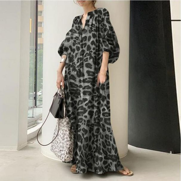 Women's clothing Temperament leopard print dress for women new style printed stand collar puff sleeves fashionable loose casual bohemian long shirt_mkmklike.com