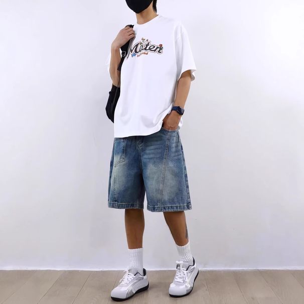 Men's Clothing Retro Denim Shorts For Men And Women Distressed Loose Fit Straight Leg Casual Street Style Washed Five Point Trendy_mkmklike.com