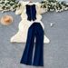 Temperament Design Metallic Buckle Round Neck Sleeveless Vest+High Waist Wide Leg Pants Denim Set For Women_mkmklike.com