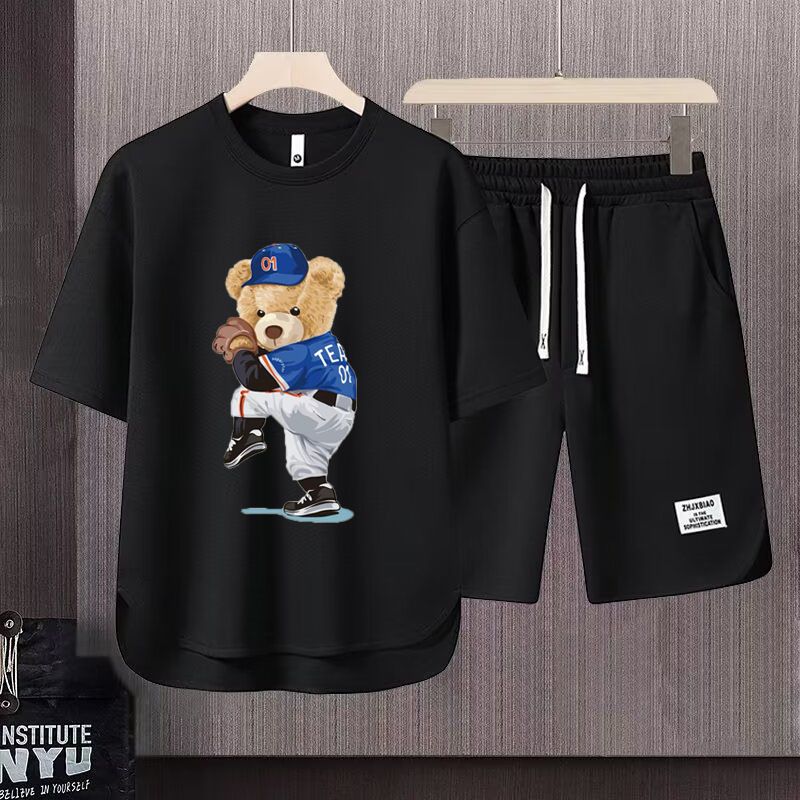 Men's Clothing 2024 Waffle Casual Summer Suit Men's Loose Teen Short sleeved T shirt Shorts Handsome Two piece Suit_mkmklike.com
