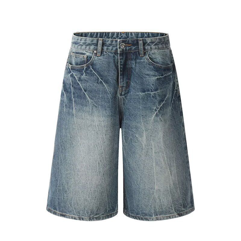 Men's Lightning Pattern Cropped Denim Shorts Summer High End American Workwear Wide Leg over the Knee Straight Leg Eight Point Pants_mkmklike.com