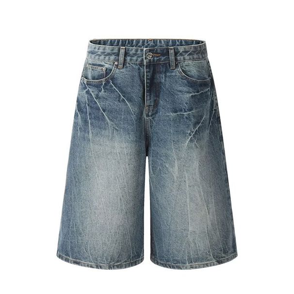 Men's Lightning Pattern Cropped Denim Shorts Summer High End American Workwear Wide Leg over the Knee Straight Leg Eight Point Pants_mkmklike.com
