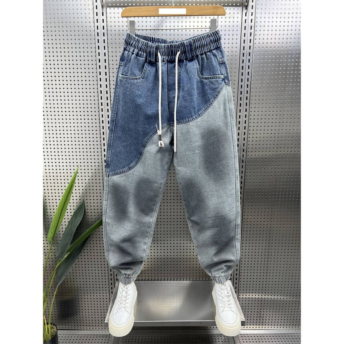Men's Vintage Washed Denim Pants – Retro Color-Block Slim Tapered Jeans With Raw Hem Streetwear Inspired Relaxed Fit For Urban Exploration (M-XXXL)_mkmklike.com