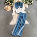 Stylish Denim Patchwork Jacket & High-Waisted Striped Pants Set – Distressed Fringe & Slim-Fit Design For Effortless Chic (M/L/XL/2XL)_mkmklike.com