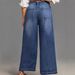 Women's Clothing Mid-Rise Wide Leg Jeans Retro Washed Cuffs Frayed Hem Slanted Pockets Cropped Length Denim_mkmklike.com