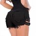 Black Denim Shorts For Women Frayed Edges Style Adjustable Elastic Waist Metal Buckle_mkmklike.com