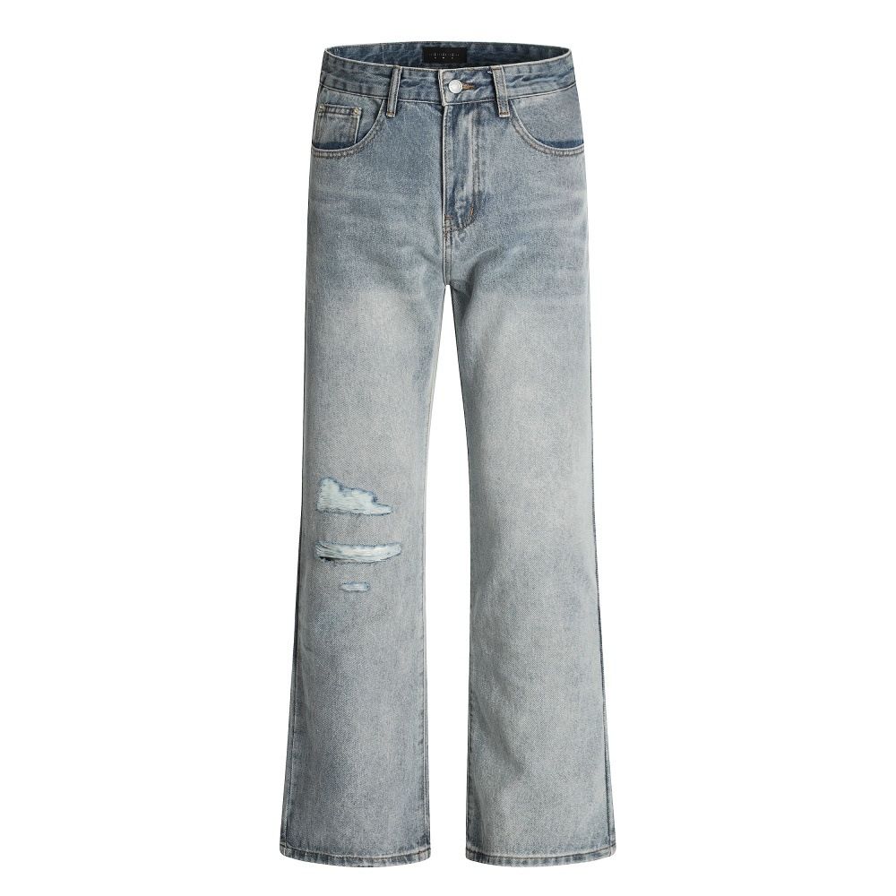 Street American Vintage Distressed Jeans For Men Loose Fit Vibe Style Flared Faded Washed Casual Long Pants_mkmklike.com