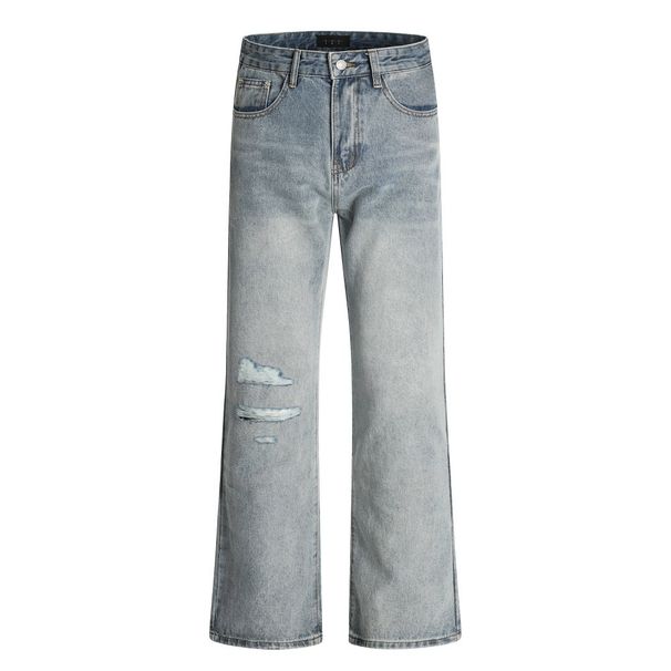 Street American Vintage Distressed Jeans For Men Loose Fit Vibe Style Flared Faded Washed Casual Long Pants_mkmklike.com