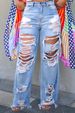 Trendy Distressed Ripped Jeans For Women - High Waist Straight Leg Denim Pants With Floral Embroidery - Comfortable Stretch Fabric_mkmklike.com