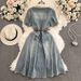Denim Polo Collar Dress Female Split Belt Slim Design Sense Chic Temperament Long Skirt_mkmklike.com
