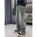 Men's Vintage Workwear Jeans Distressed Washed Blue Relaxed Straight Fit Utility Pockets Raw Hem Denim_mkmklike.com