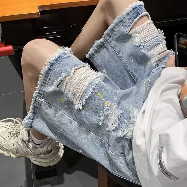 Men's Ripped Jeans mid Length Shorts Summer Washed Loose Fit American Trendy Brand Street Style Frayed Edges Five Point Shorts_mkmklike.com