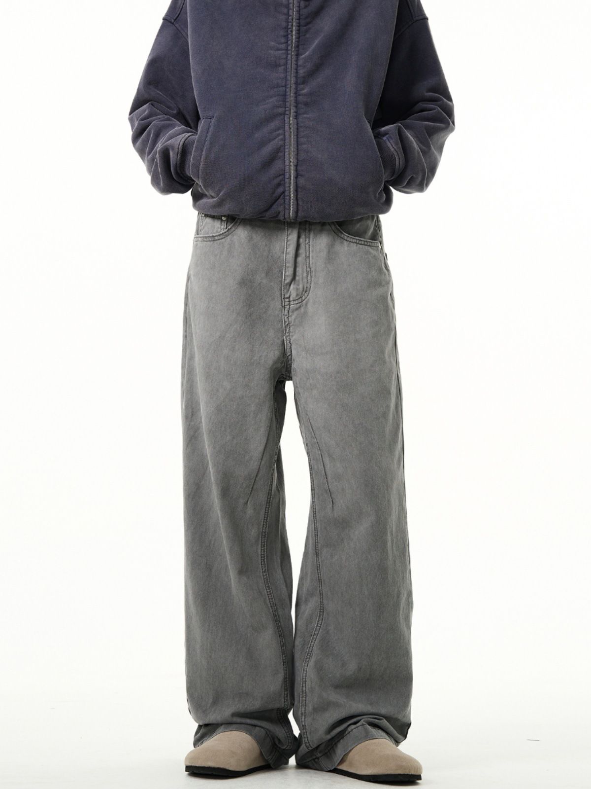 Men's Retro Gray Straight Leg Jeans Distressed Wash Casual Wide Leg Trousers Mid Waist Spring Style High Street_mkmklike.com