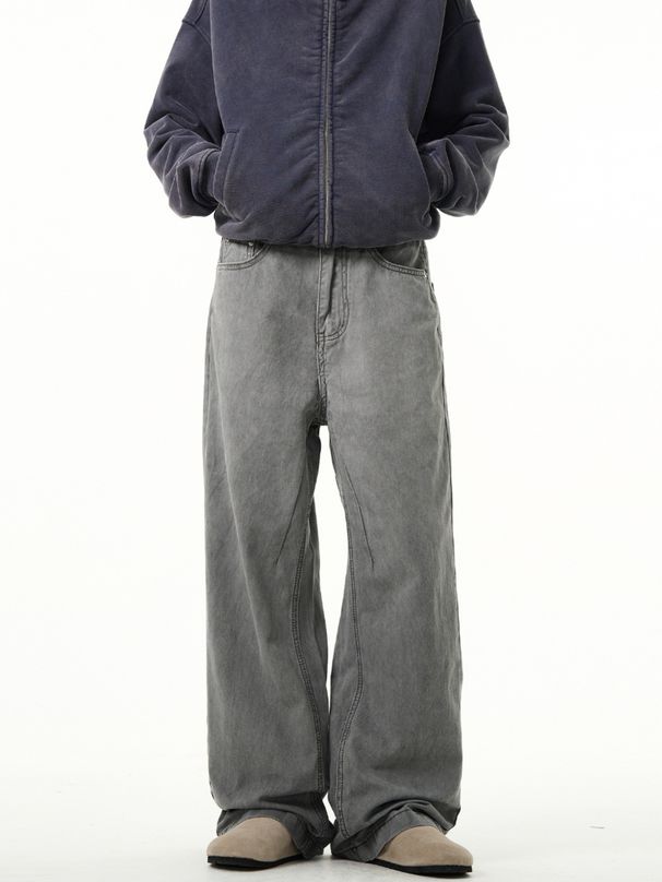Men's Retro Gray Straight Leg Jeans Distressed Wash Casual Wide Leg Trousers Mid Waist Spring Style High Street_mkmklike.com