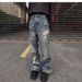 Men's Clothing American Deconstructed Stitching Double Waist Destroyed Jeans Men's Straight Slim Flared Cleanfit Pants_mkmklike.com