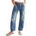 Women's Clothing Vintage Distressed Straight Leg Jeans For Women - Relaxed Fit, Washed Denim, Mid Rise, Wide Leg (Blue, S-XXL) Fit Washed Denim_mkmklike.com