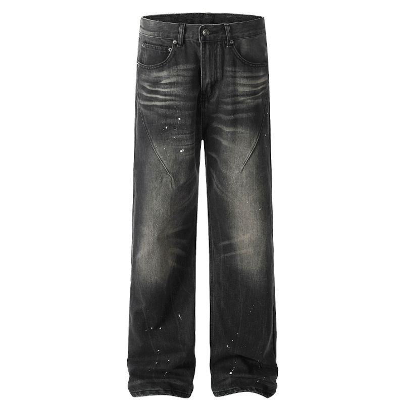 Men's Clothing Ink Splashed Design Distressed Retro Straight Jeans Street Fashion Loose Washed Casual Trousers_mkmklike.com